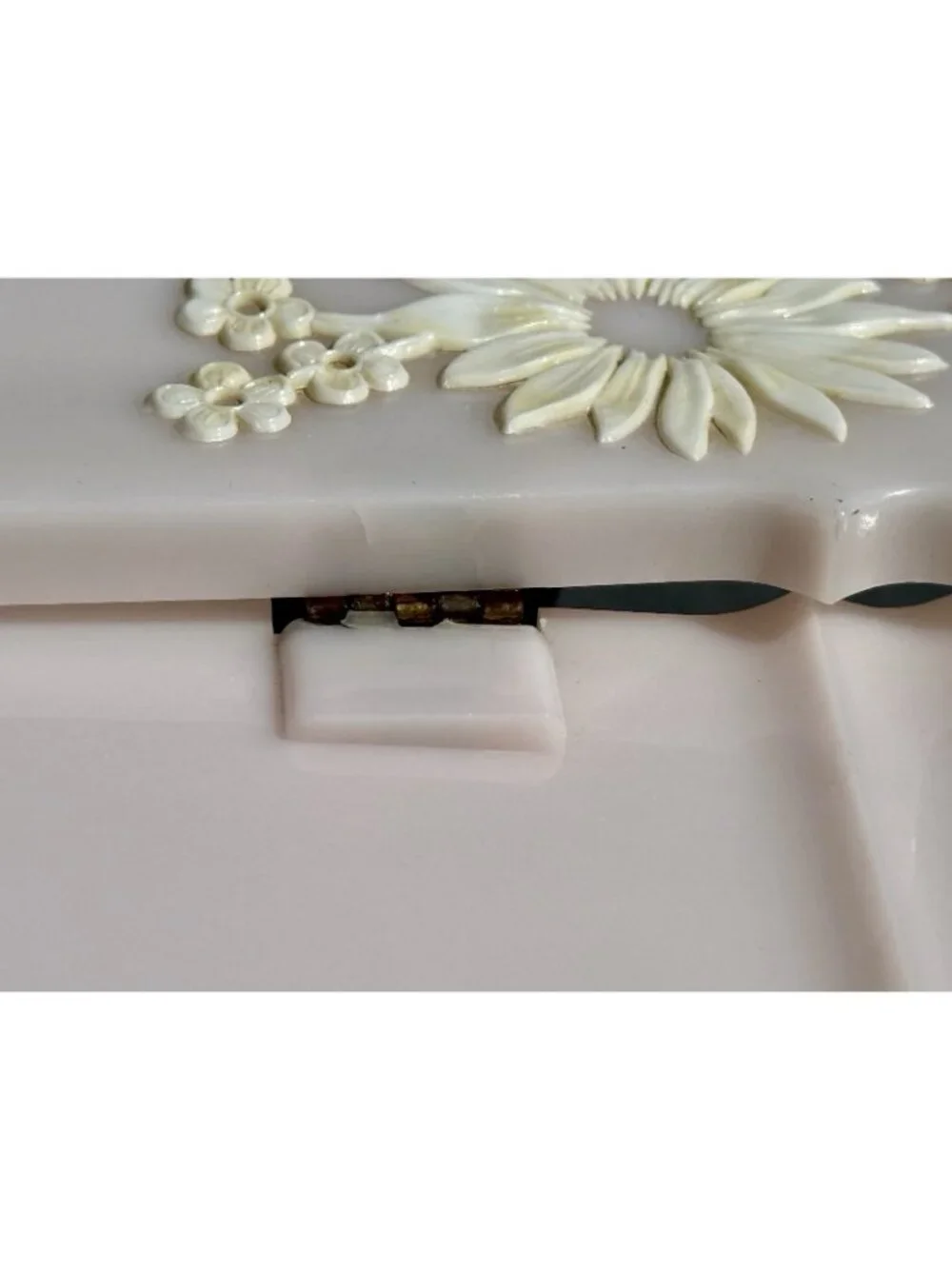 50s Vintage Plastic Tissue Box Holder Pink Schwarz Bros Hinge Top Floral
